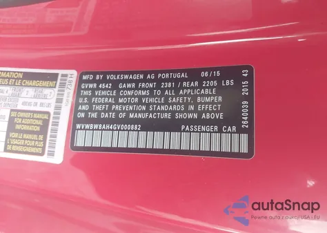 2016 Volkswagen Eos Komfort from USA, damaged, VIN WVWBW8AH4GV000882